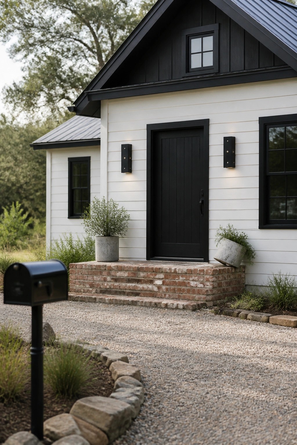 White farmhouse siding with black trim and windows.