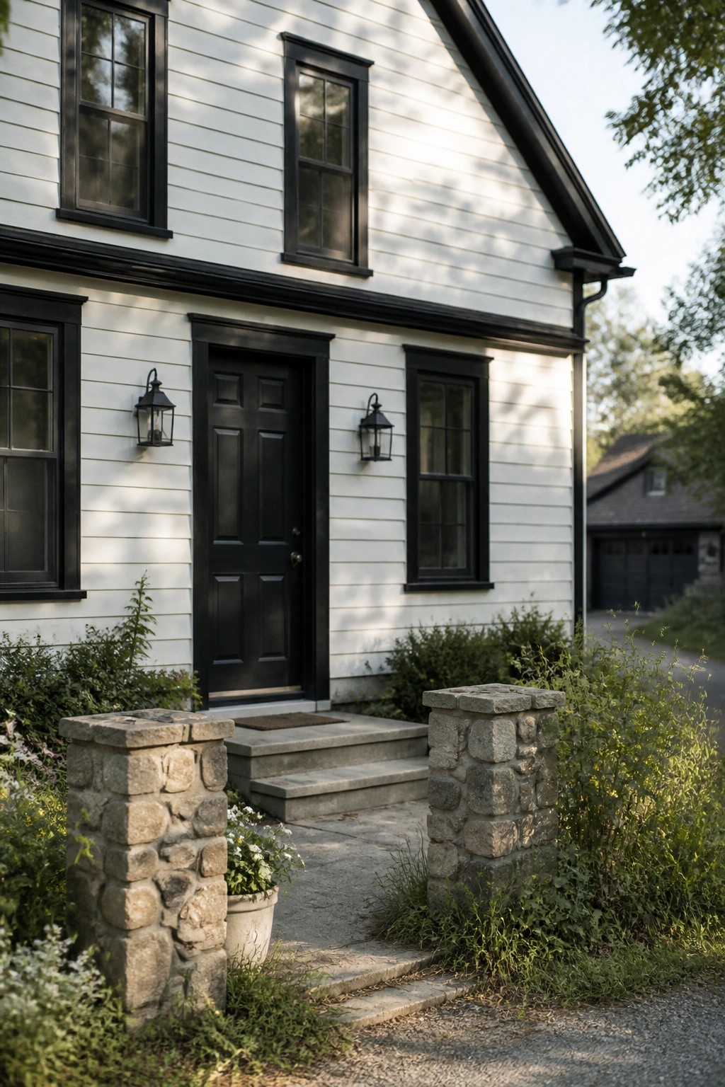 White siding with black windows and door on a farmhouse exterior.