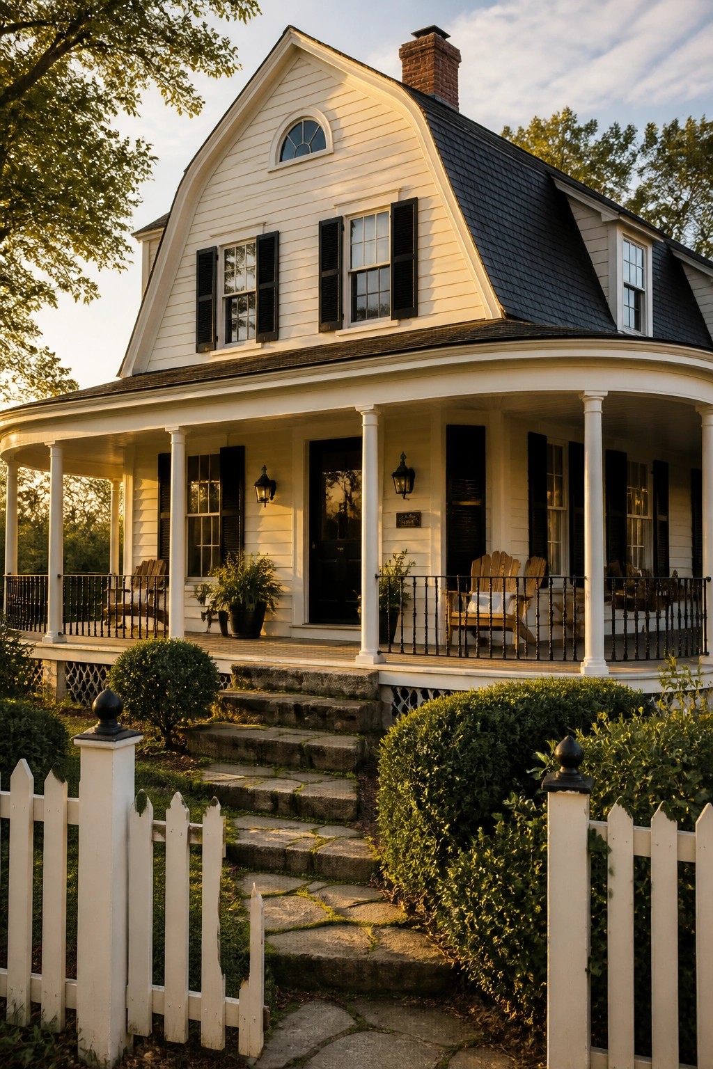 White siding on a farmhouse with black shutters and trim.