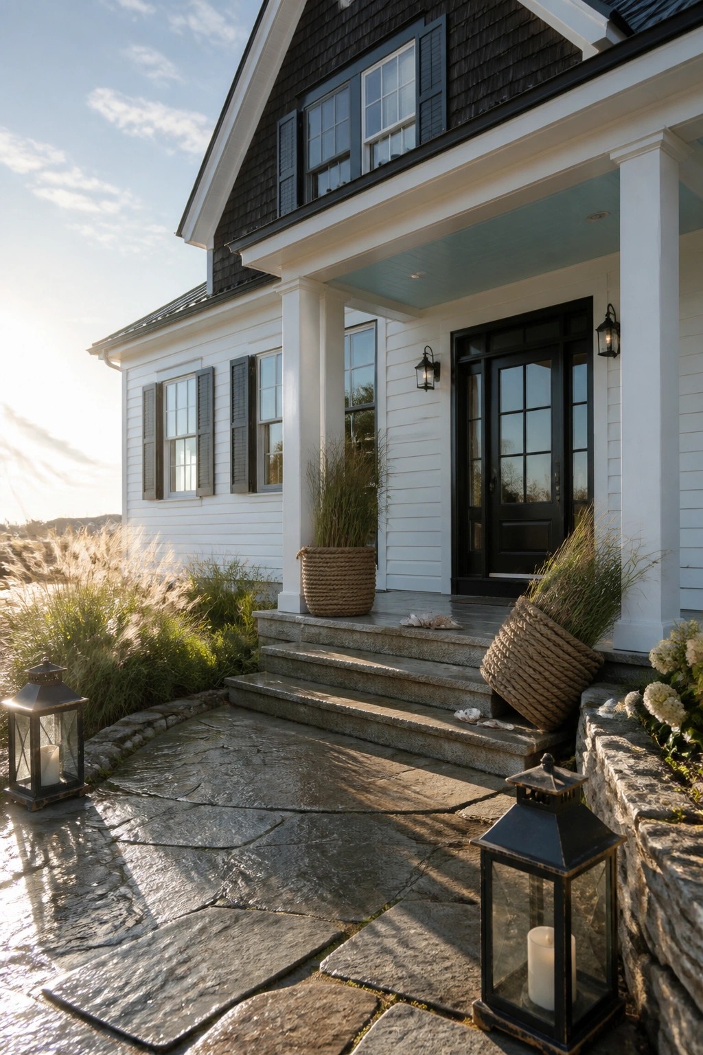 White siding on a farmhouse exterior with black door and trim.