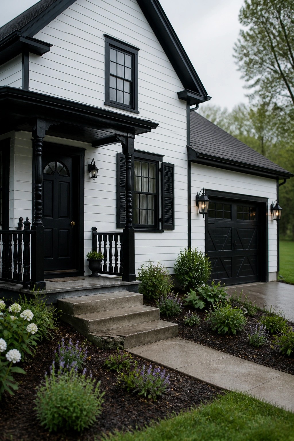 White farmhouse siding with black trim and accents on the exterior.