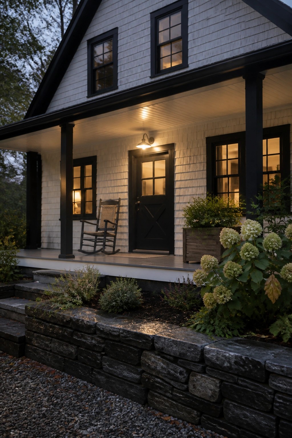 White siding on a farmhouse exterior with black trim and a low stone wall.