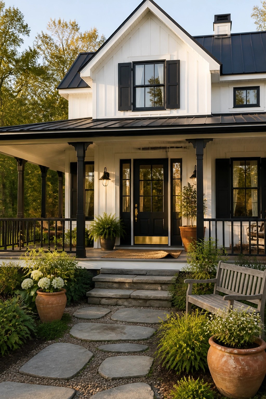 White painted siding on a black and white farmhouse exterior with black trim.