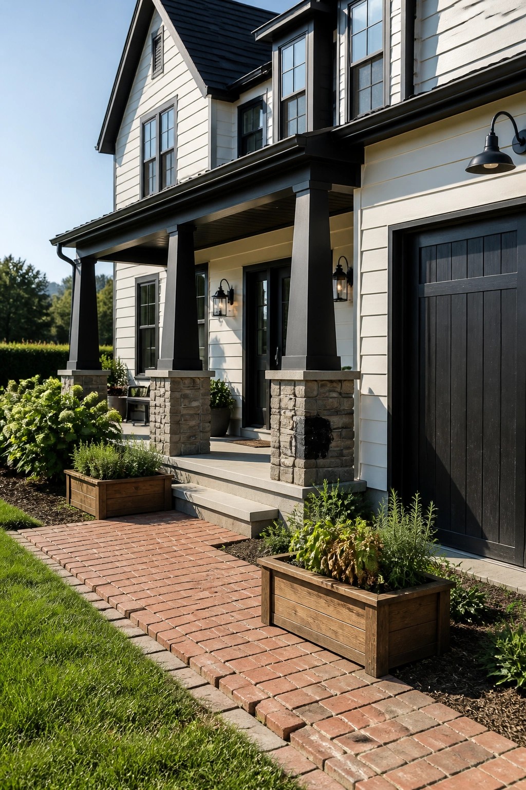 White siding with black trim on a farmhouse exterior.