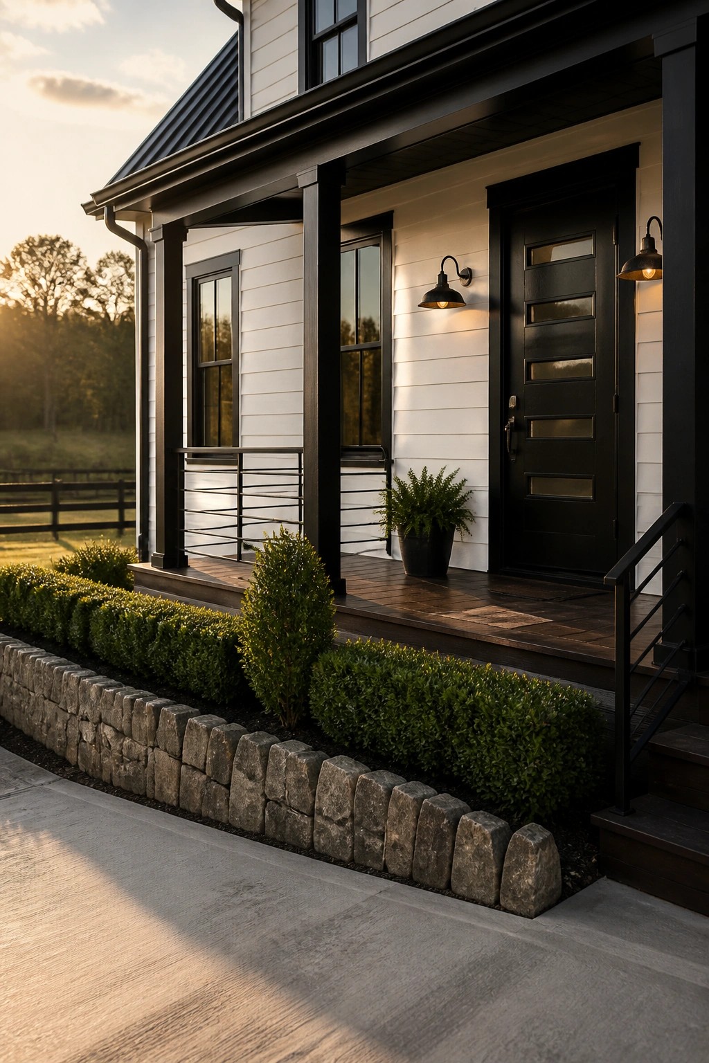 Modern white house with black door, porch lights, and stone-bordered shrubs at sunset.