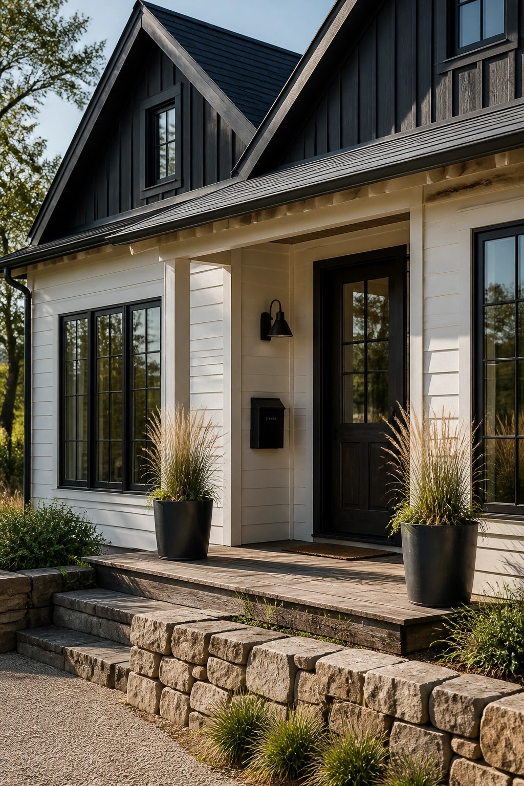 White siding on a black and white farmhouse exterior with black windows and door.