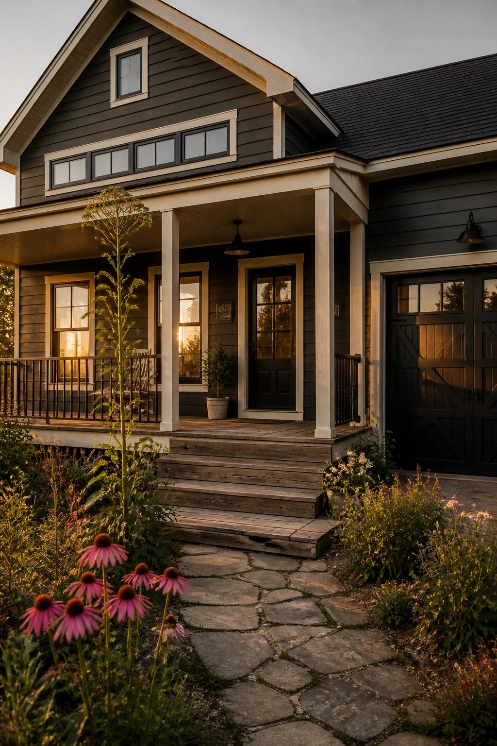 Dark charcoal siding on a farmhouse exterior with white trim.