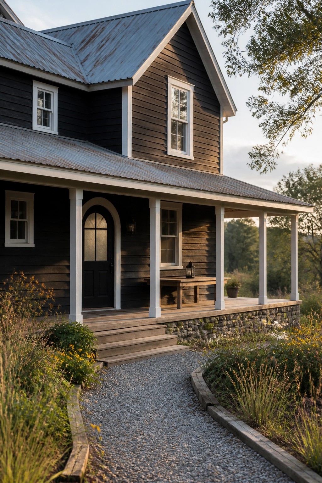 Farmhouse exterior with deep black siding and white trim.