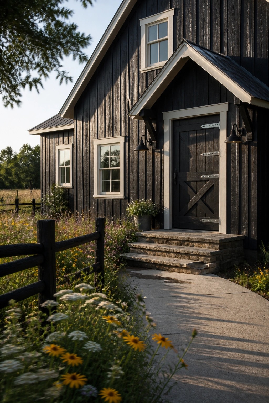 Black painted wood siding on a farmhouse exterior with white trim.