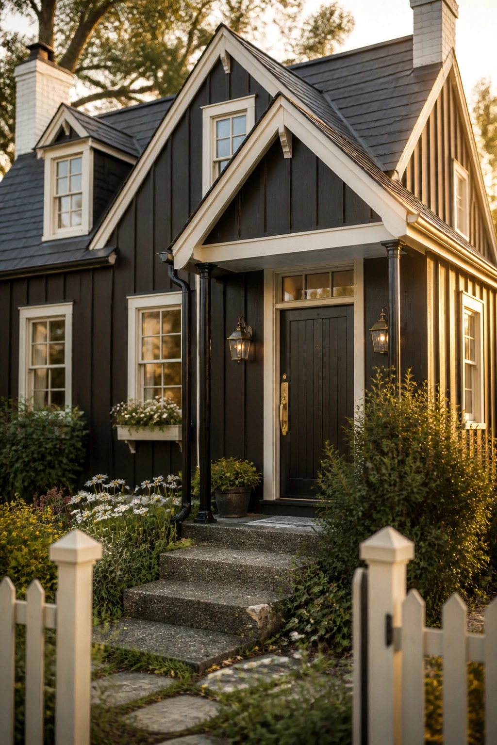 Black house with white trim, stone steps, flower garden, and picket fence.