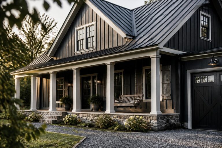 24 Black and White Farmhouse Exterior Colors for Bold Contrast Dark black siding on a farmhouse exterior with white trim and columns.