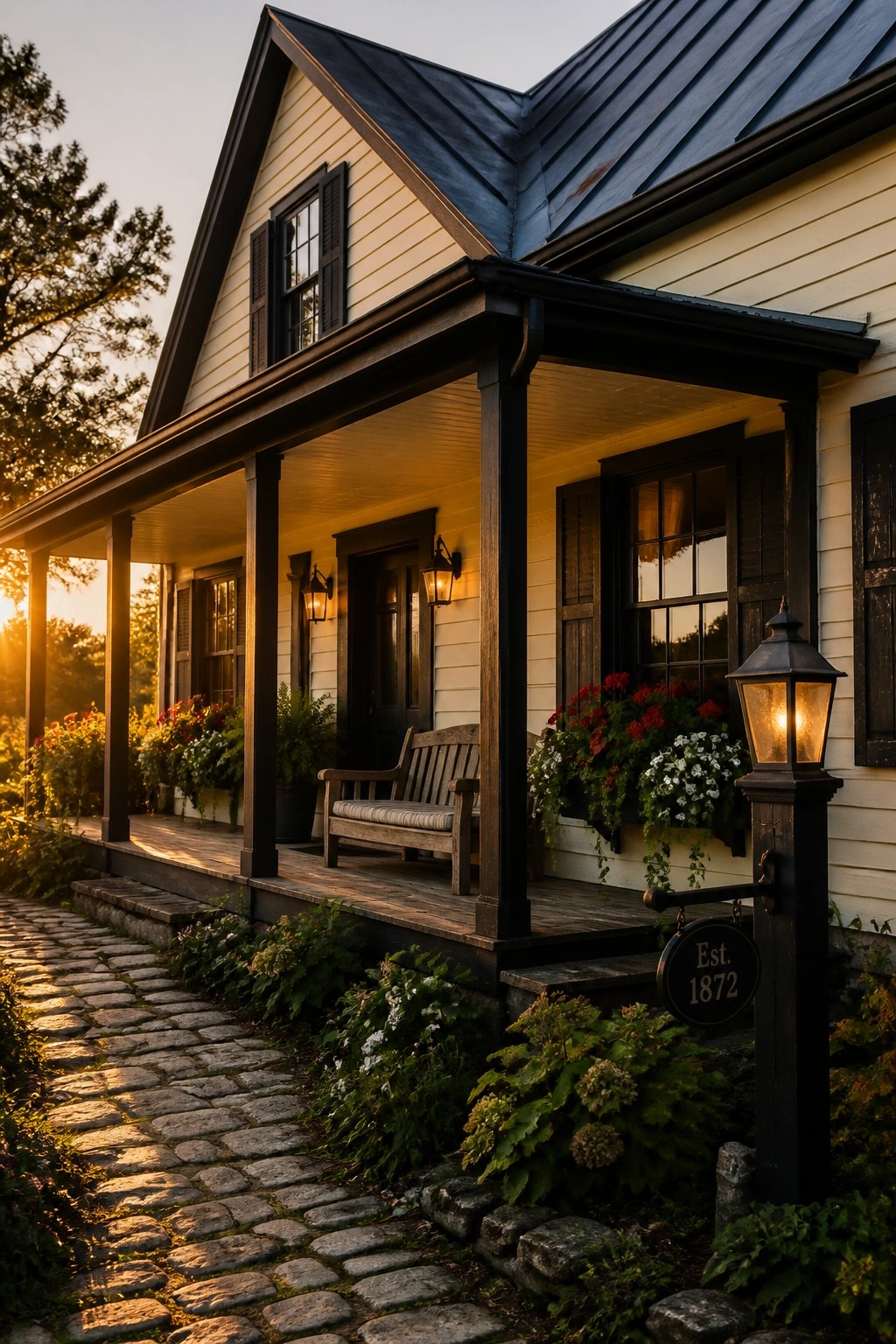 A farmhouse exterior with warm cream siding and black trim.