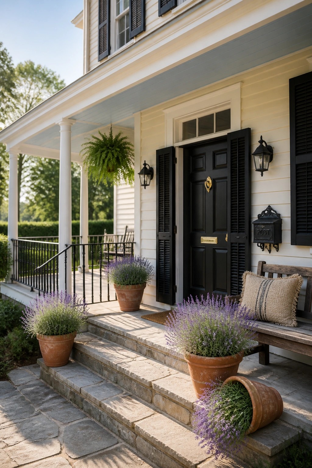 Farmhouse exterior with warm off white siding and black door trim.