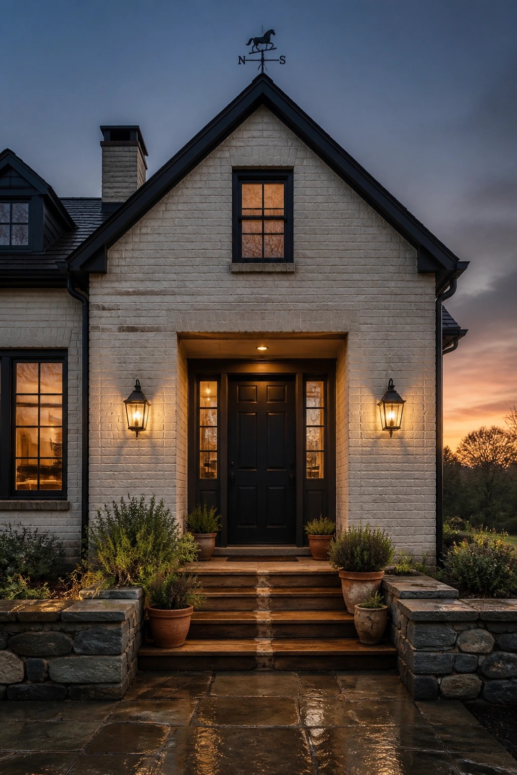 White painted brick exterior of a farmhouse with black trim and door.
