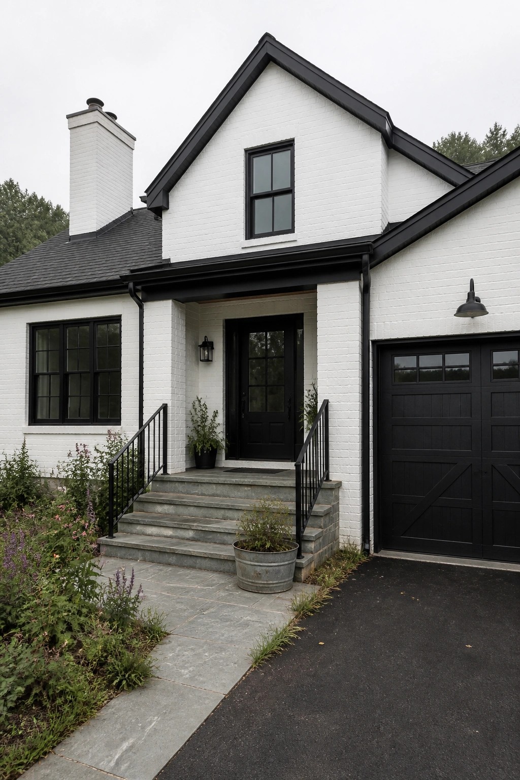 White brick exterior of a farmhouse with black trim, windows, and garage door.