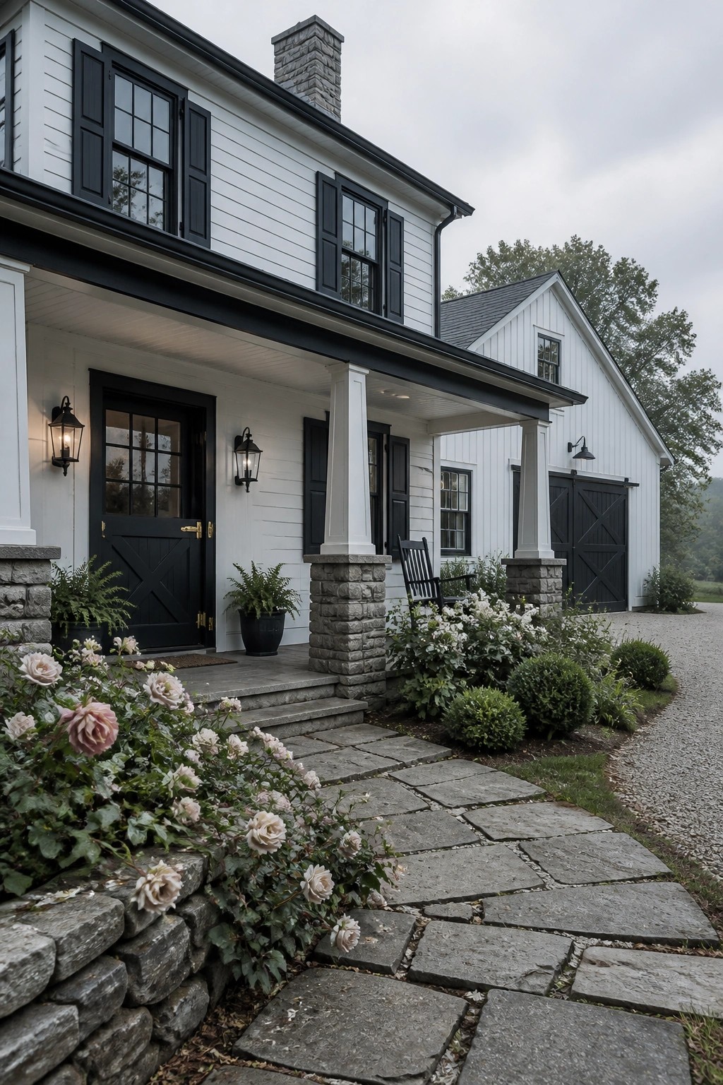 White farmhouse siding with black windows and doors.