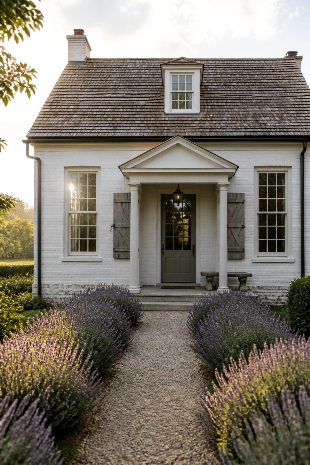 A white brick farmhouse exterior with a central entrance featuring two white columns, a pediment, and a gray door, flanked by shuttered windows and bordered by lavender along a gravel path.