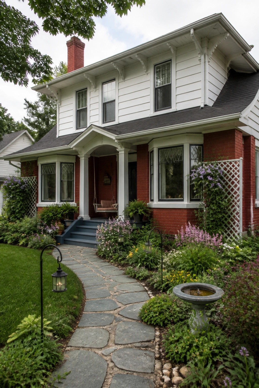 A two-story white farmhouse with red brick on the lower walls, a front porch with columns, and a stone path leading through garden beds.