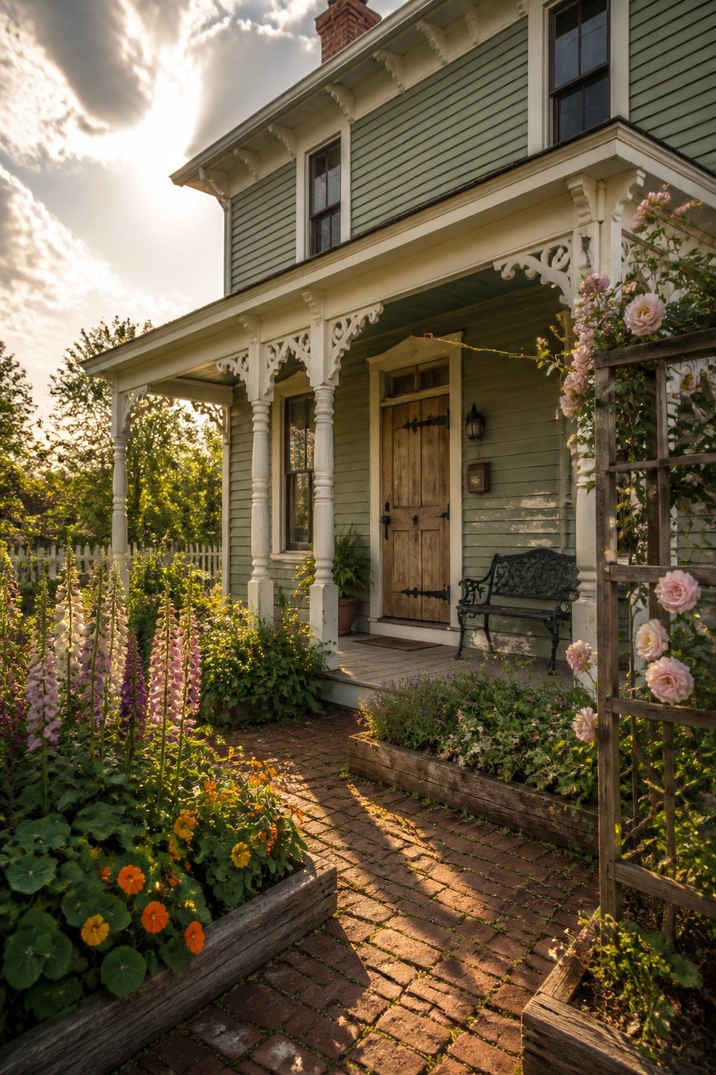 Charming green house with white porch, brick path, and blooming flower garden.