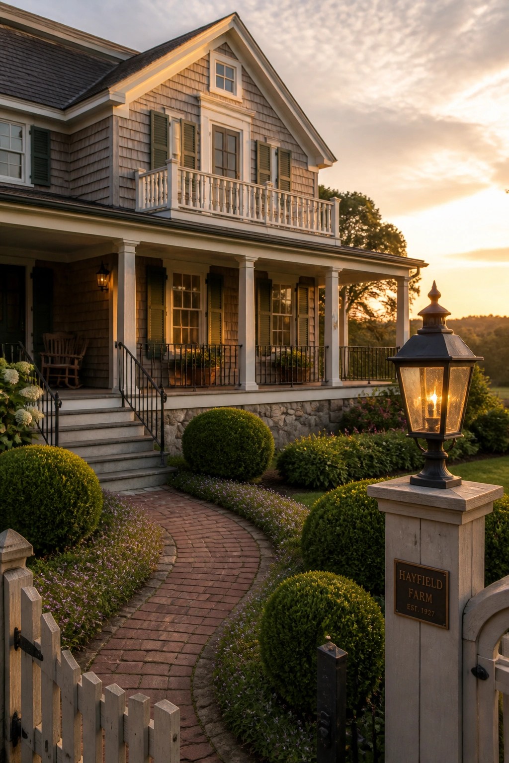 Large gray farmhouse at sunset with brick path and glowing lantern post