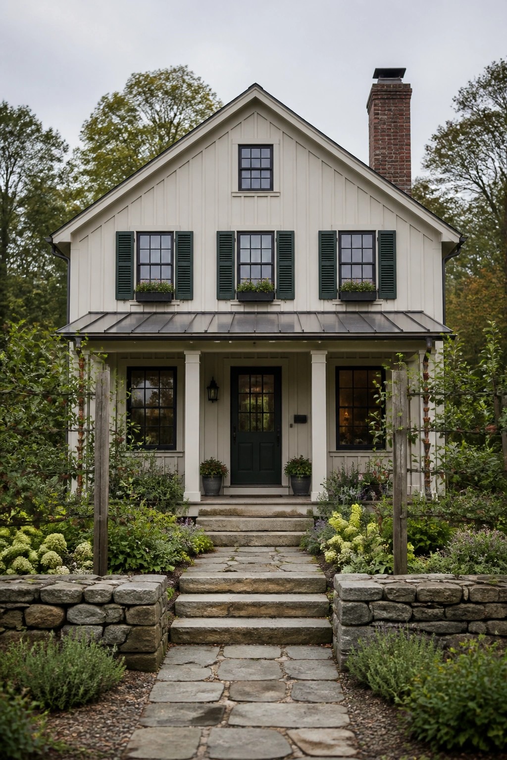 A two-story cream farmhouse with dark green shutters and a centered front door under a small porch, reached by a stone path and steps bordered by low stone walls and gardens.