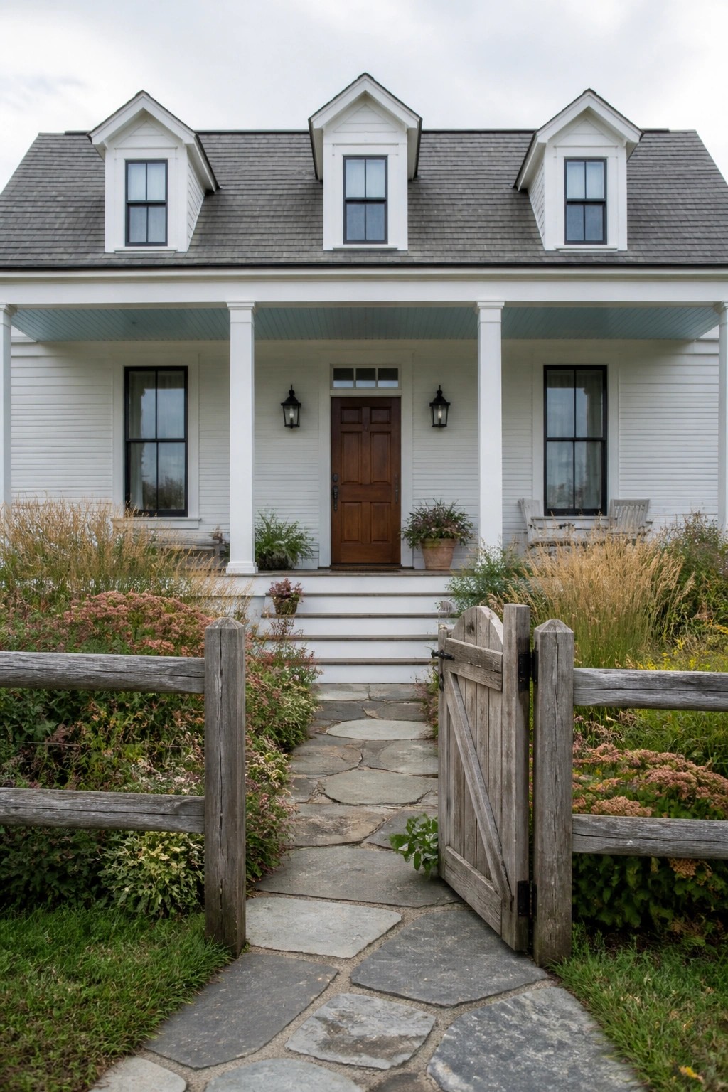A white 1900s farmhouse exterior with a dark roof, three dormers, a central brown wooden door on a covered porch, and a stone path leading through an open wooden gate.