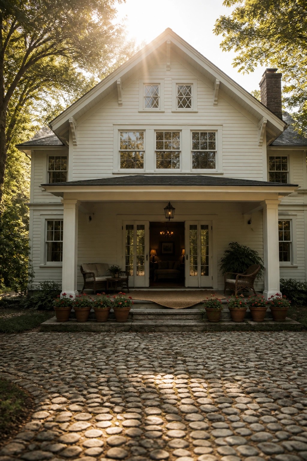 White two-story house with porch, potted flowers, and cobblestone driveway in sunlight