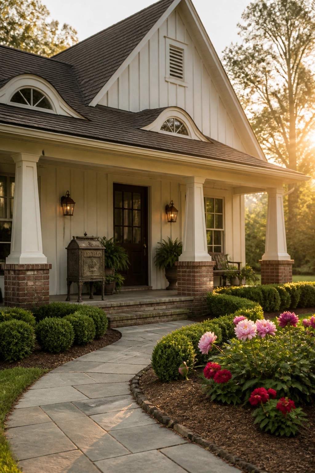 White cottage with porch, pink flowers, green shrubs, and stone pathway.