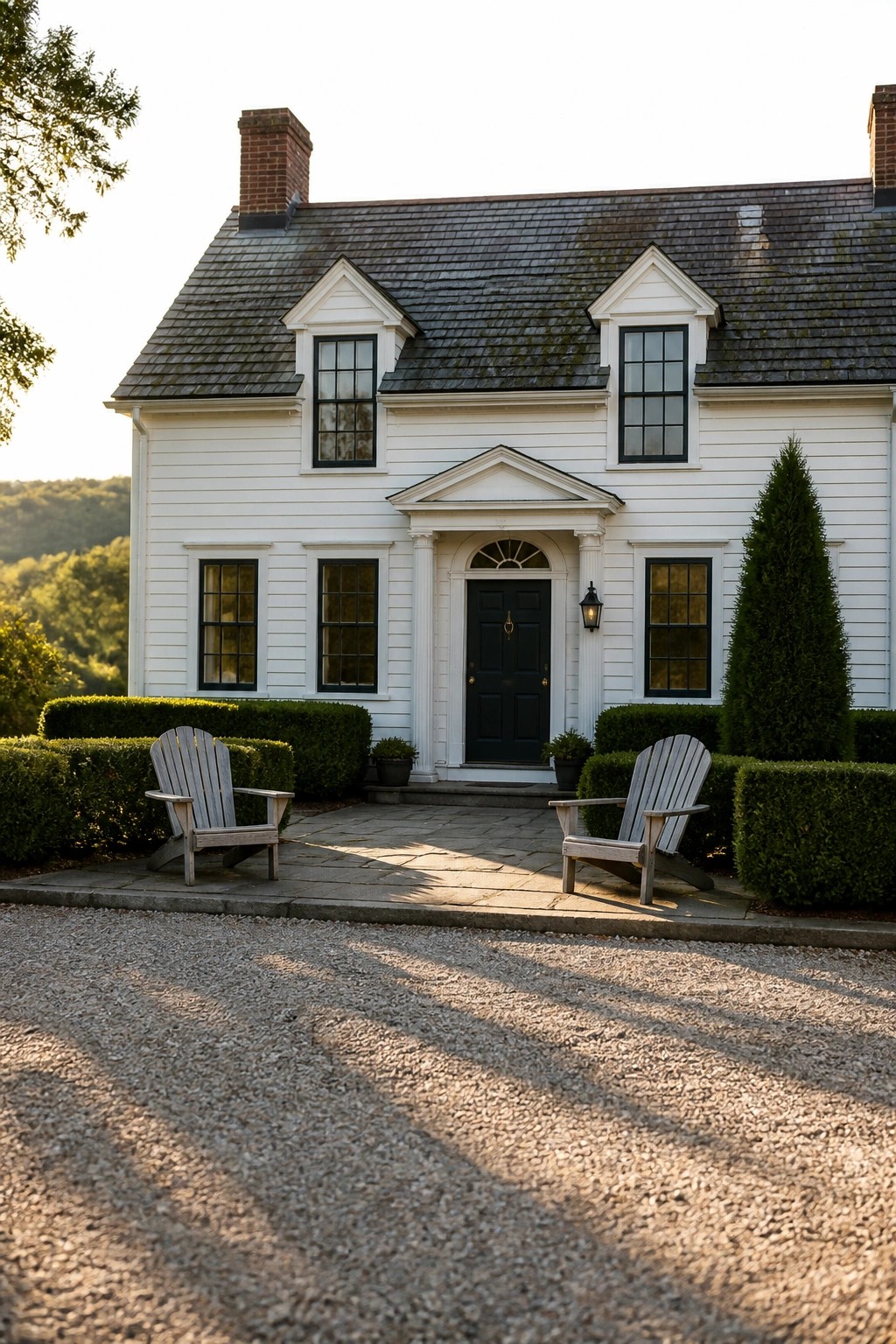 A white clapboard farmhouse with a centered black front door under a small portico, multiple windows, and two dormers on the roof.