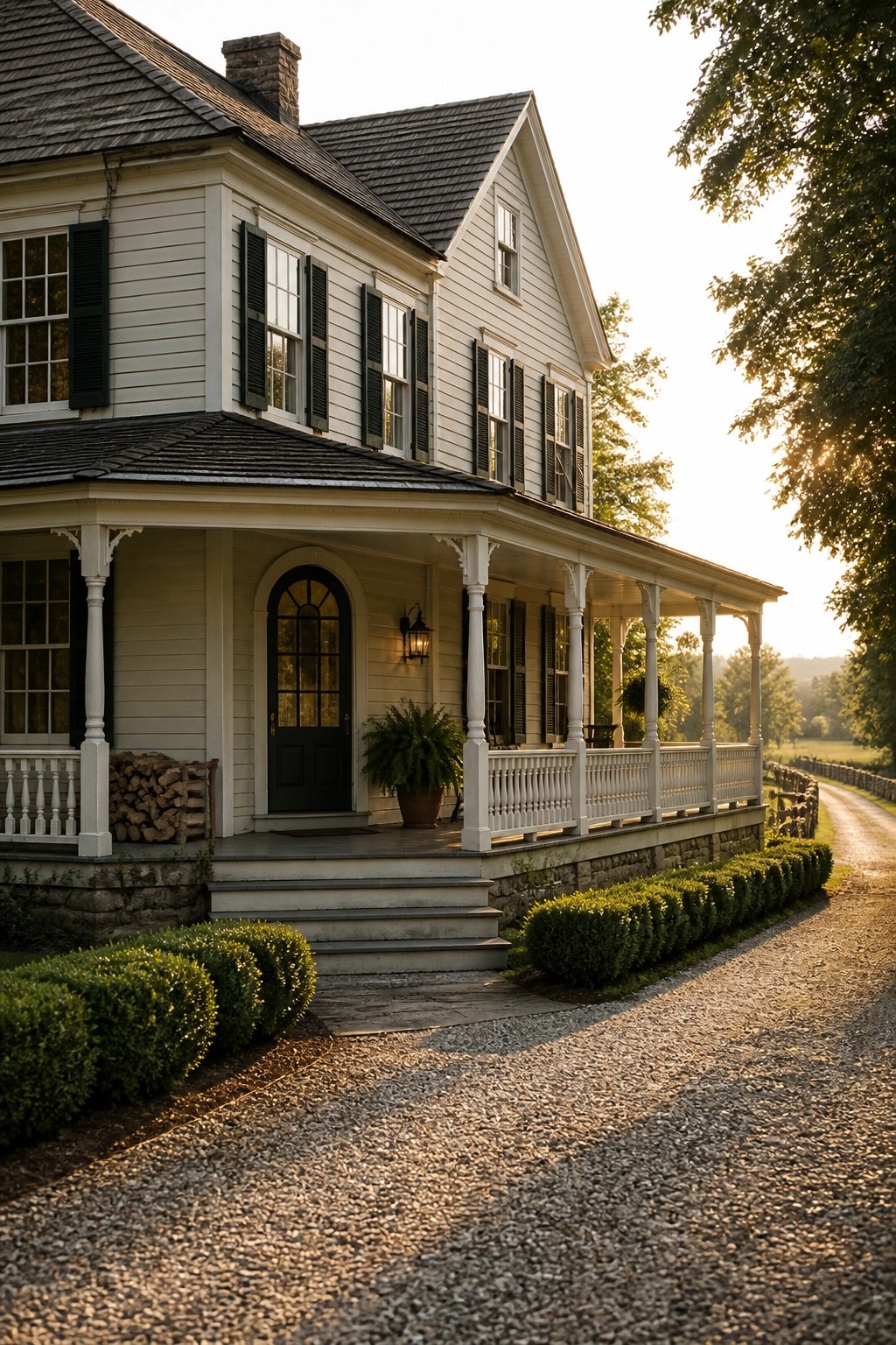A white two-story farmhouse exterior with black shutters, a dark front door, wraparound porch, and gravel driveway.