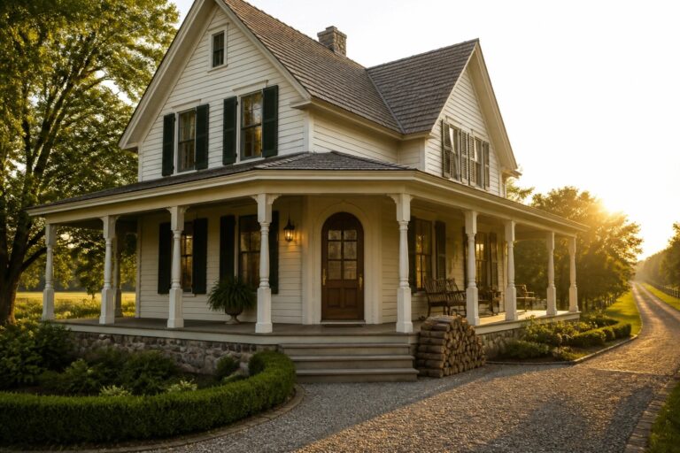 24 Inspiring 1900s Farmhouse Exterior Ideas That Still Feel Timeless A white two-story farmhouse exterior with black shutters, a dark front door, wraparound porch, and gravel driveway.