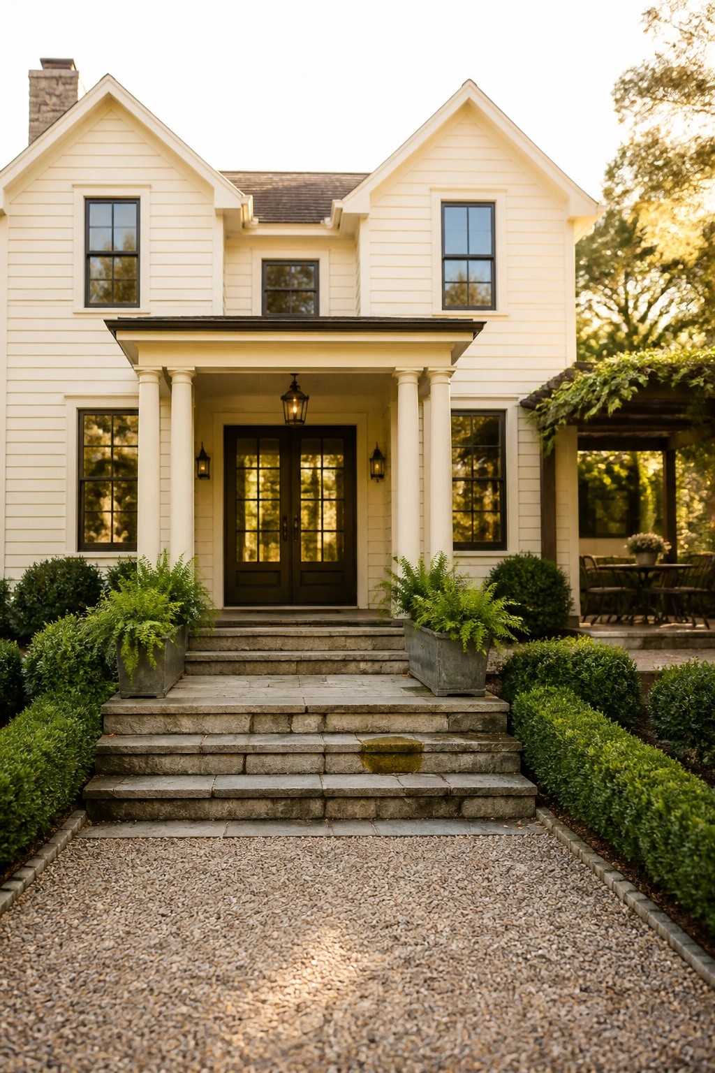 A white two-story farmhouse exterior with a columned portico over dark double doors, stone steps, and a gravel path in front.