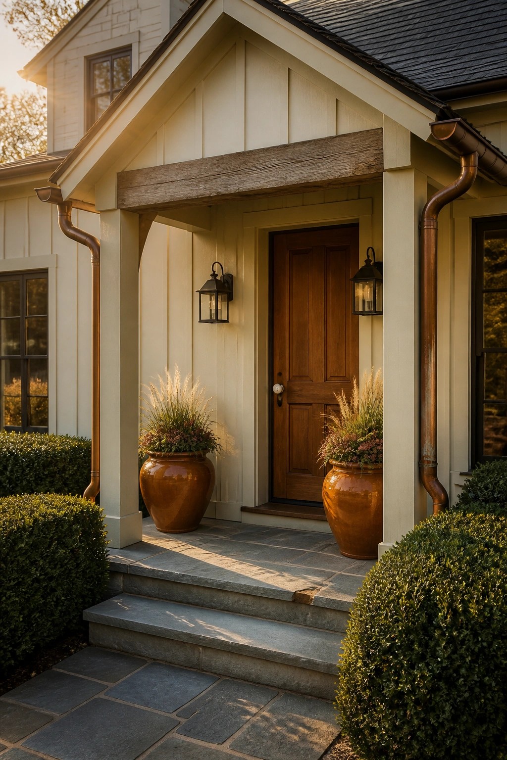 Rustic wooden door on beige house porch with terracotta pots and stone steps