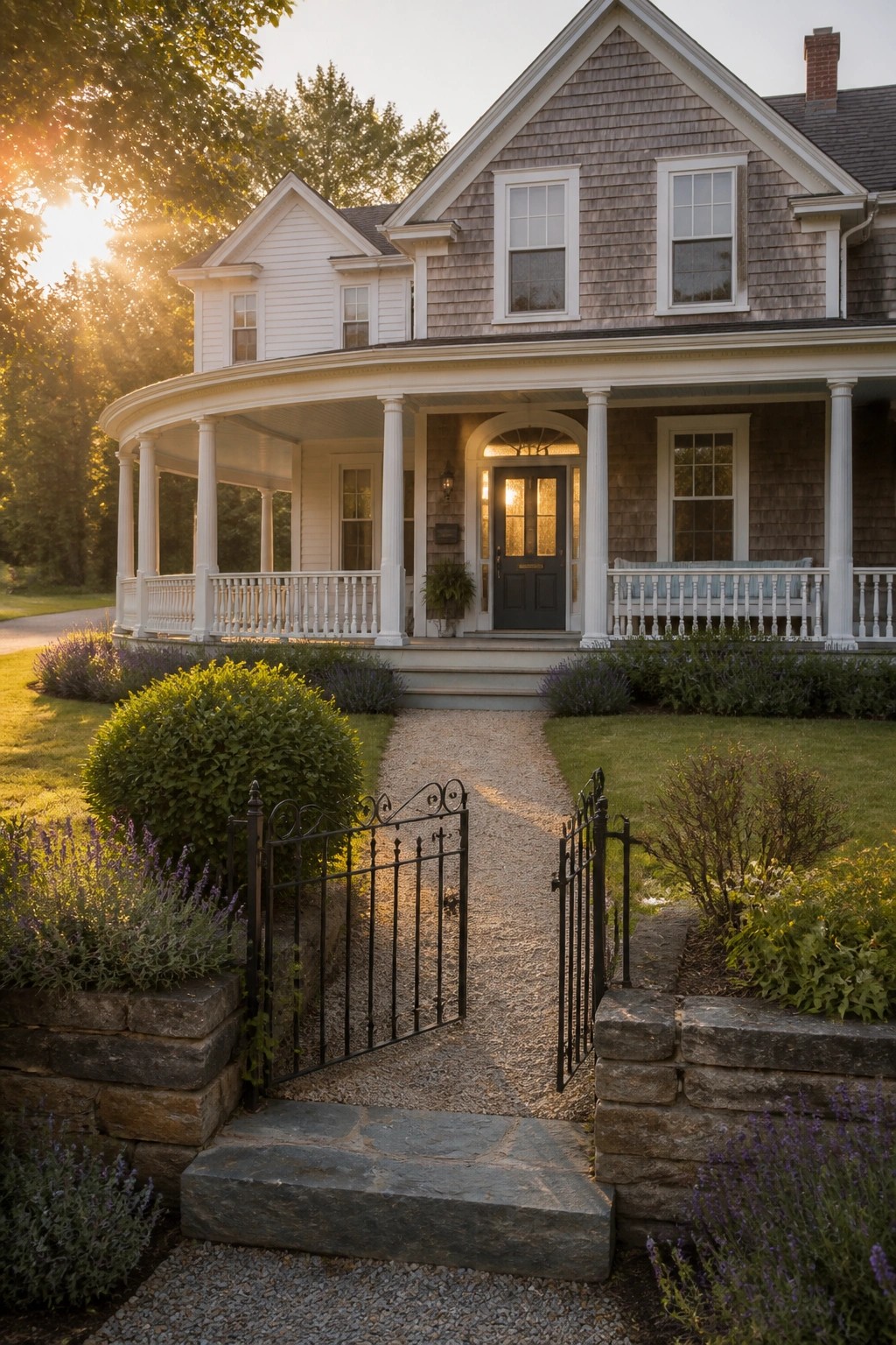 Elegant gray-shingled house with wraparound porch, open gate, and garden path at sunset