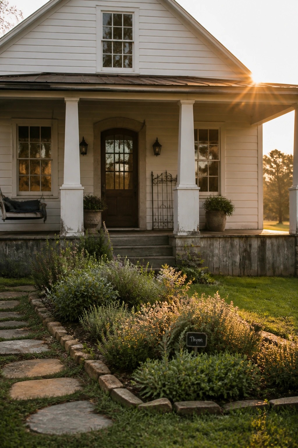 A white farmhouse with a front porch and a curving stone path lined with low garden beds leading to the steps.