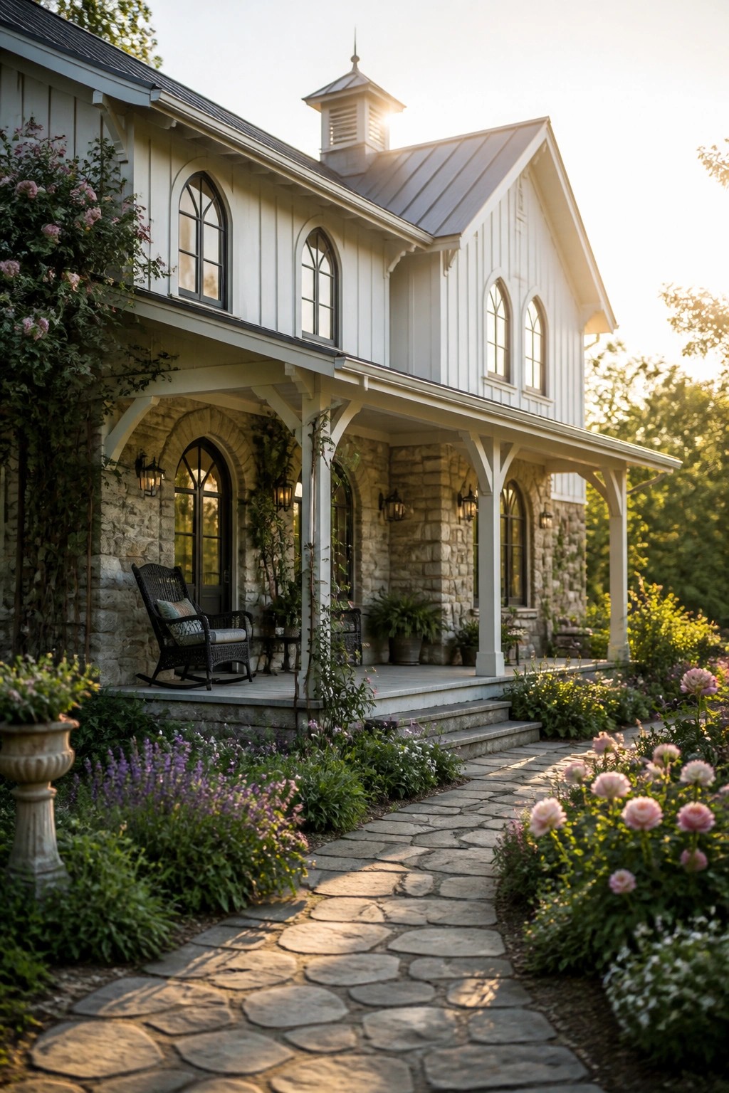 A two-story white farmhouse with stone on the lower walls, arched windows and doors, a covered porch, and a stone pathway lined with flowers.
