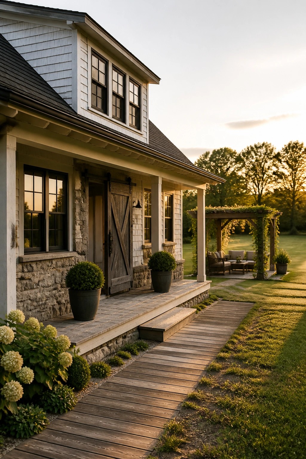 Rustic white farmhouse with stone base, potted plants, and wooden walkway at sunset.