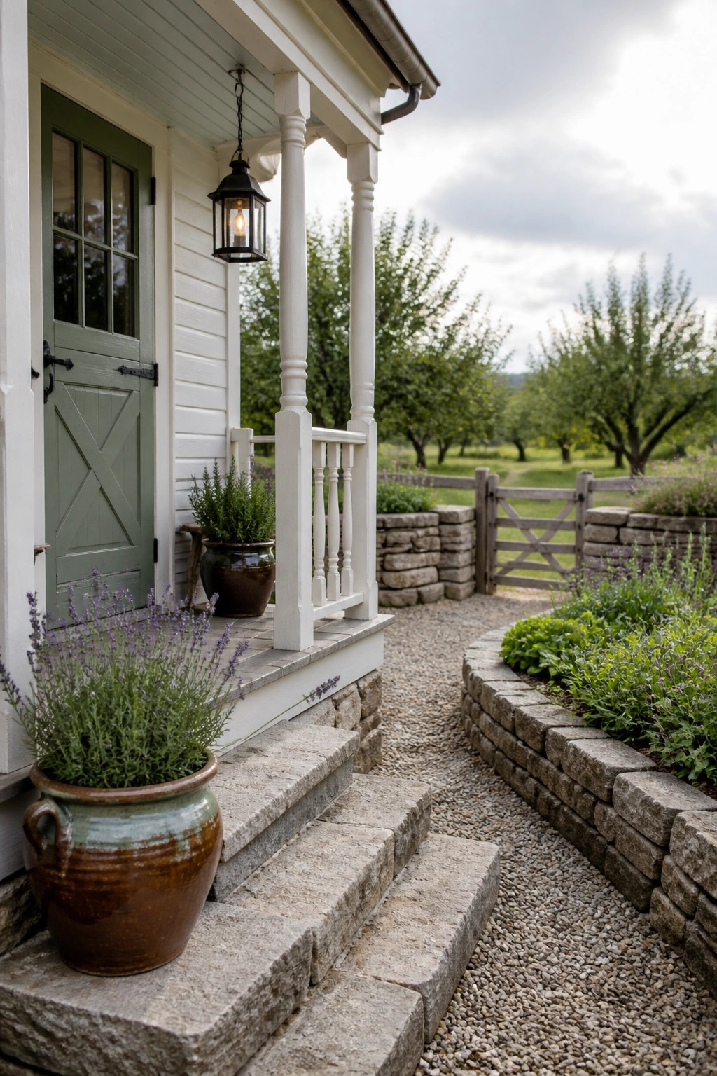 White farmhouse exterior with a green front door, white porch columns, stone steps, and a gravel path beside a garden bed.