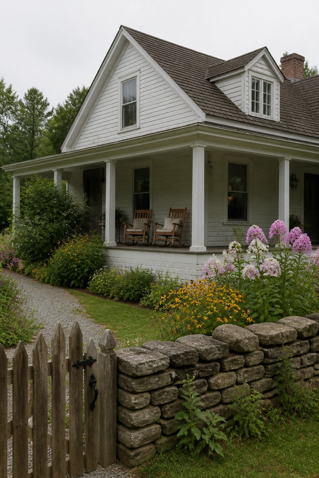 White two-story farmhouse with gabled roof, covered porch holding two wooden rocking chairs, stone retaining wall, wooden picket fence, and colorful flower beds beside a gravel path.