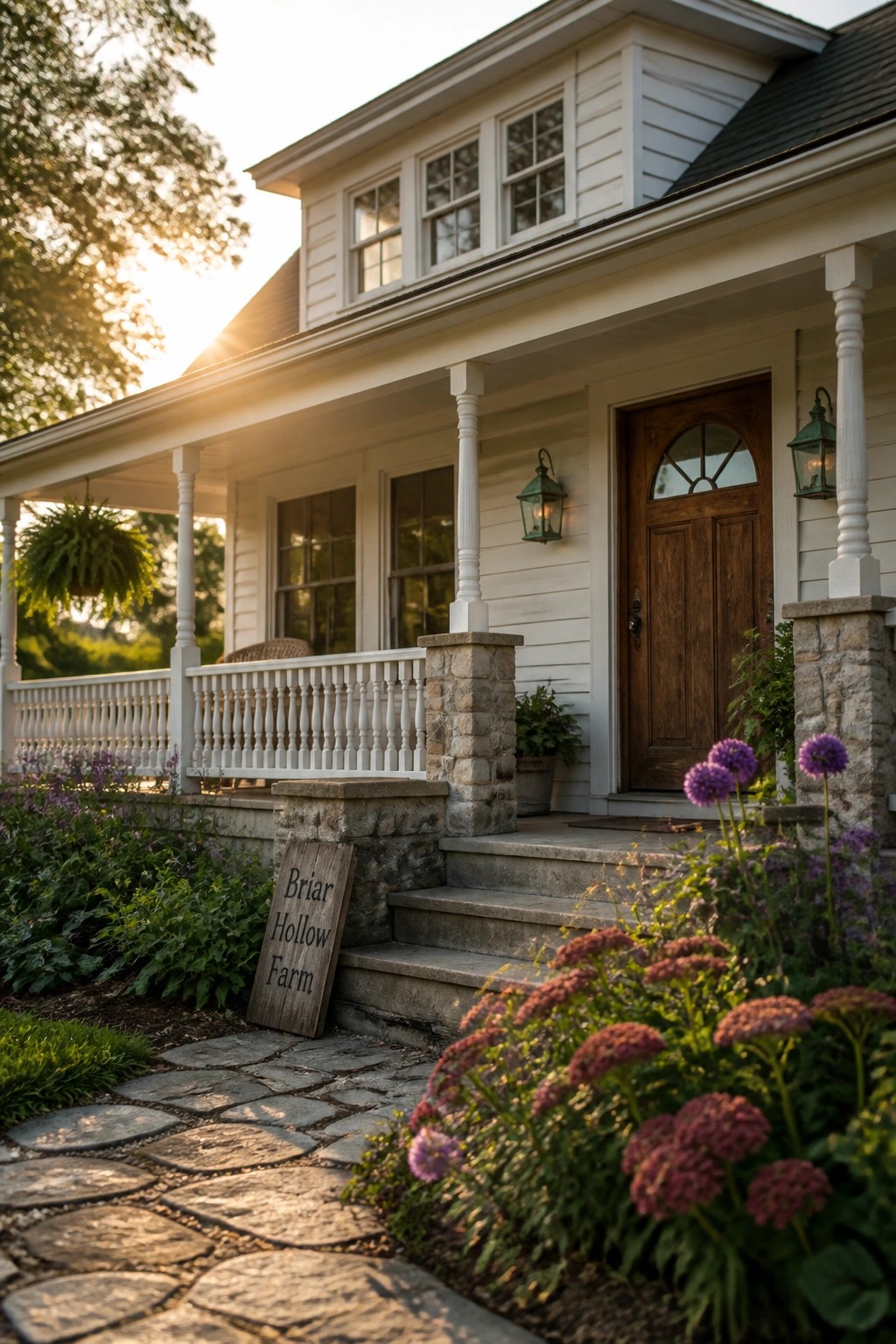 A white two-story farmhouse exterior with a wooden front door, white porch columns resting on stone piers, stone steps, and a stone pathway bordered by flowers.