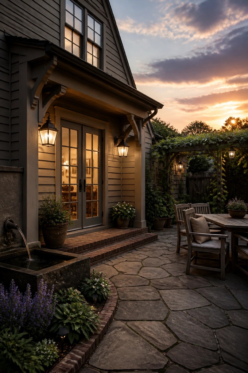 A dark gray farmhouse exterior at dusk shows double doors opening onto a flagstone patio with wooden chairs, a table, and a vine-covered pergola lit by lanterns.