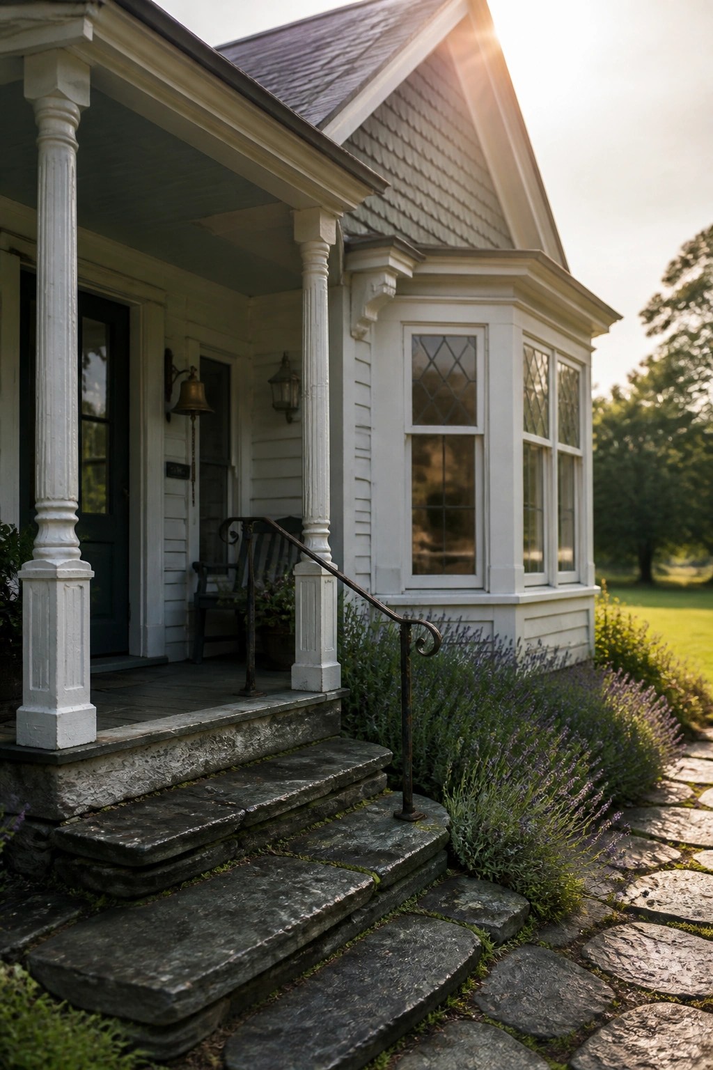 A white farmhouse porch with columns, dark front door, stone steps, and a cobblestone path bordered by lavender.
