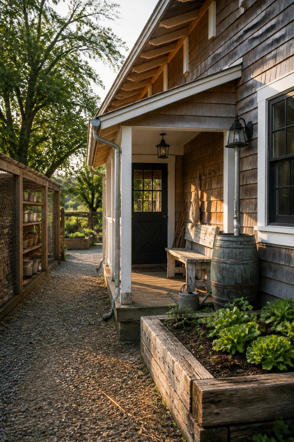Rustic wooden house porch with bench, barrel, and raised lettuce bed