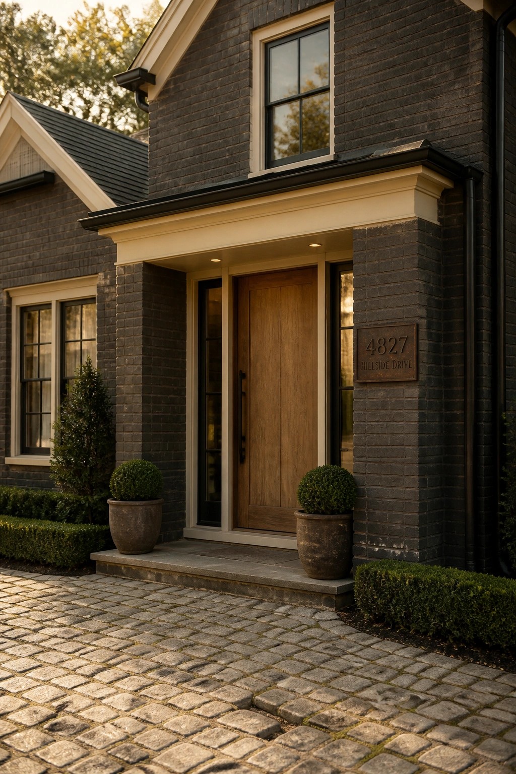 A farmhouse exterior with dark charcoal painted brick around the entry.