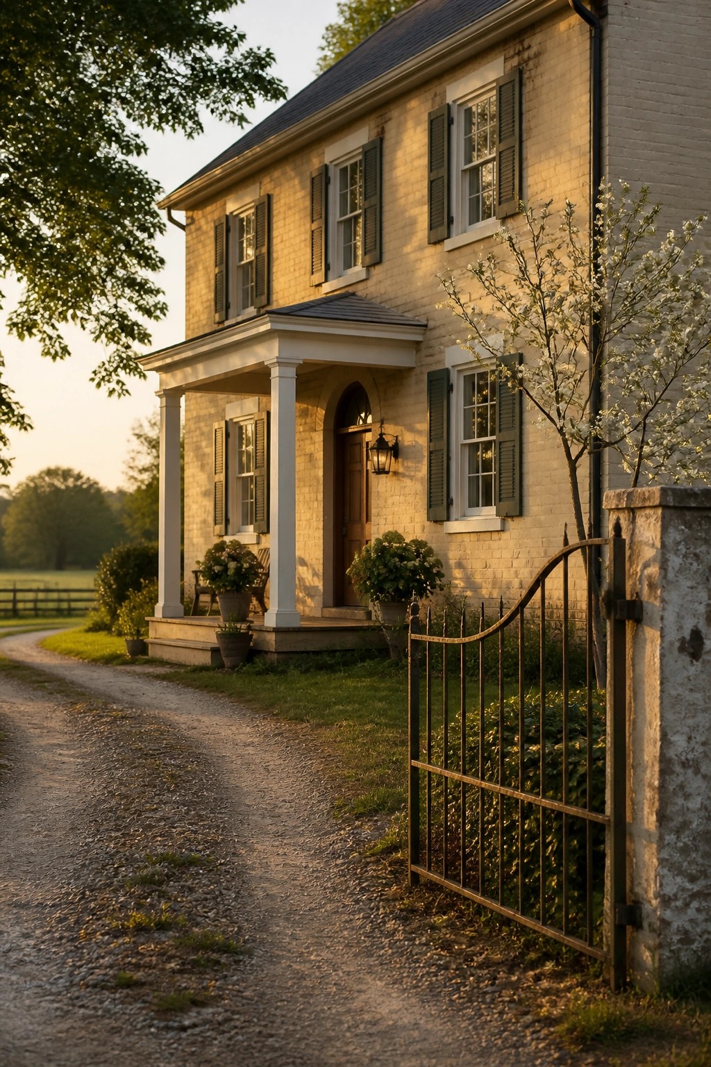 A brick farmhouse painted in a soft warm cream color.