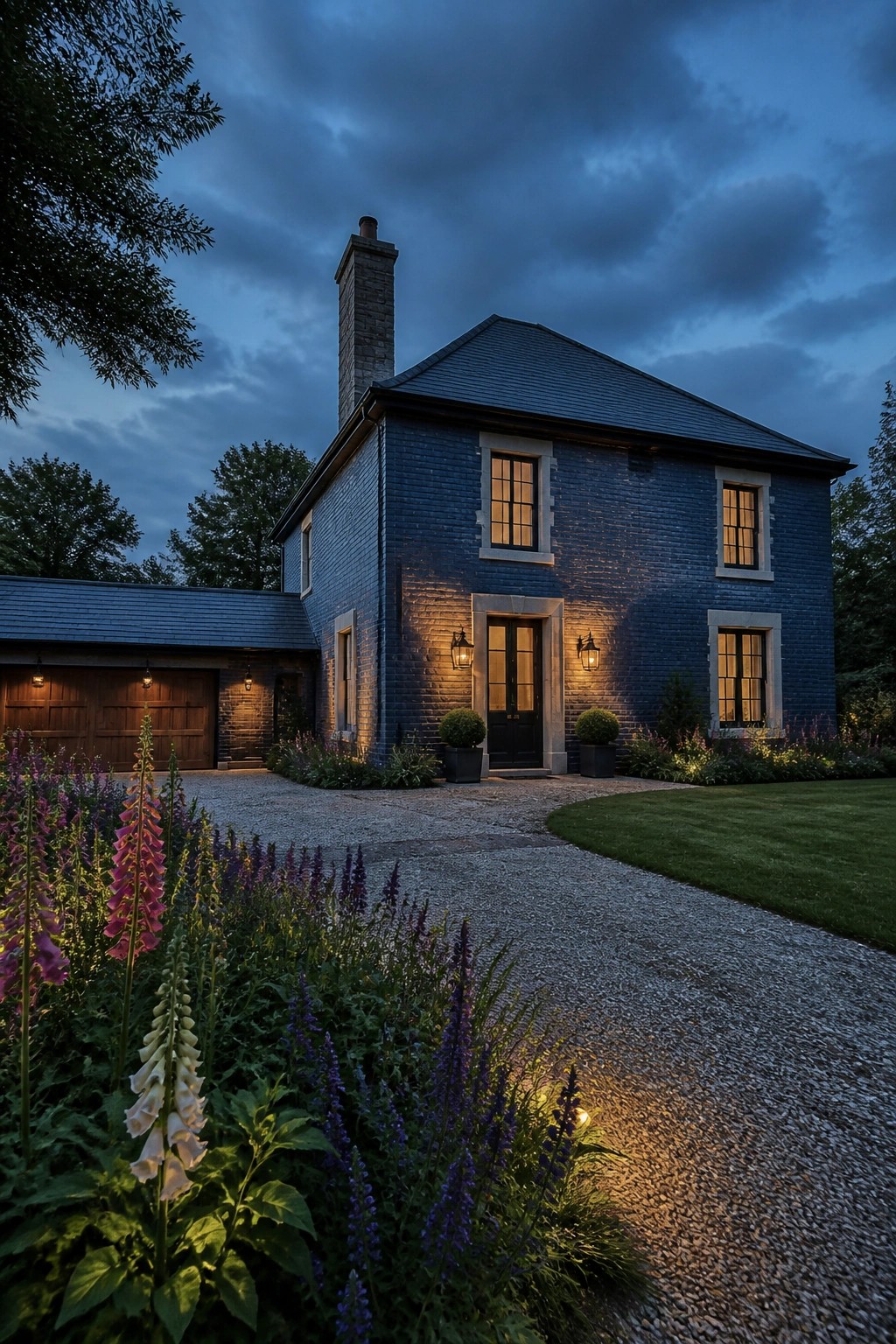 Blue brick house with glowing windows at dusk, flowers lining gravel driveway.