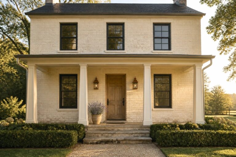 White brick house with wooden door, black windows, columns, and gravel path.