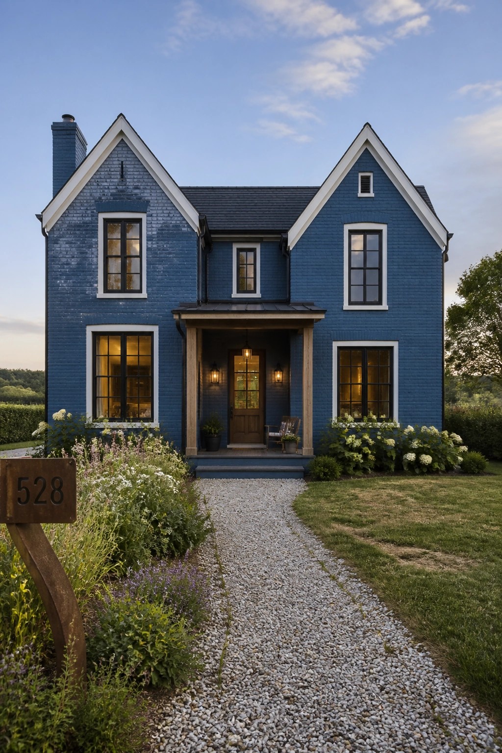 A farmhouse exterior with muted blue painted brick and white trim.
