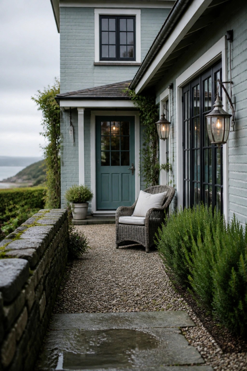Light blue gray painted siding on a farmhouse exterior.