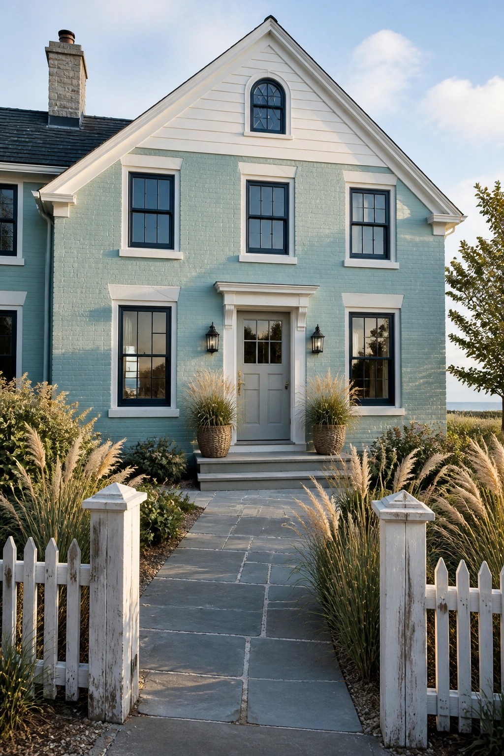 Light blue green painted brick on a farmhouse exterior with white trim.